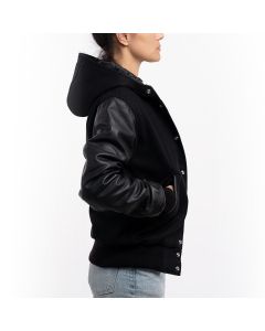 Black Wool Body & Black Sleeves Hoodie Letterman Jacket