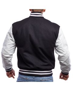Black Wool Body & Bright White Leather Sleeves Letterman Jacket