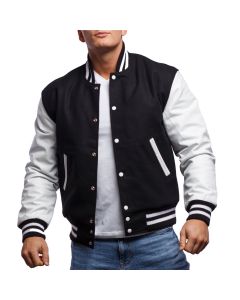 Black Wool Body & Bright White Leather Sleeves Letterman Jacket