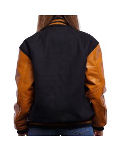 Black Wool Body & Old Gold Leather Sleeves Letterman Jacket
