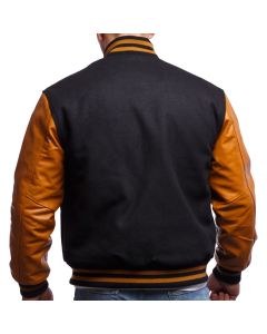 Men Black Wool Body & Old Gold Leather Sleeves Letterman Jacket