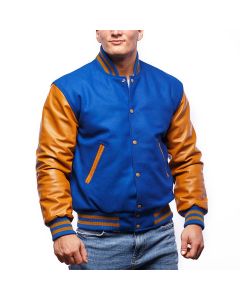 Men Bright Royal Wool Body & Old Gold Leather Sleeves Letterman Jacket