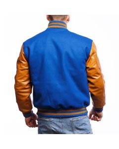 Men Bright Royal Wool Body & Old Gold Leather Sleeves Letterman Jacket