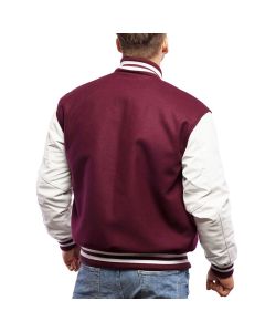 Men Maroon Wool Body & Bright White Leather Sleeves Letterman Jacket