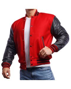 Men Scarlet Red Wool Body & Black Leather Sleeves Letterman Jacket
