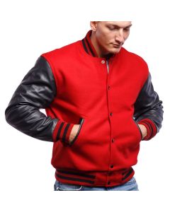 Men Scarlet Red Wool Body & Black Leather Sleeves Letterman Jacket