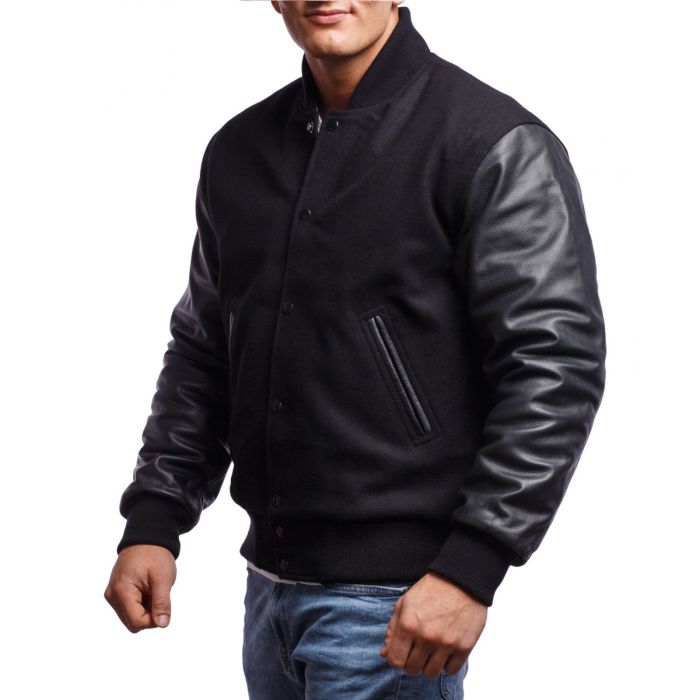 Black Wool Body & Black Leather Sleeves Letterman Jacket