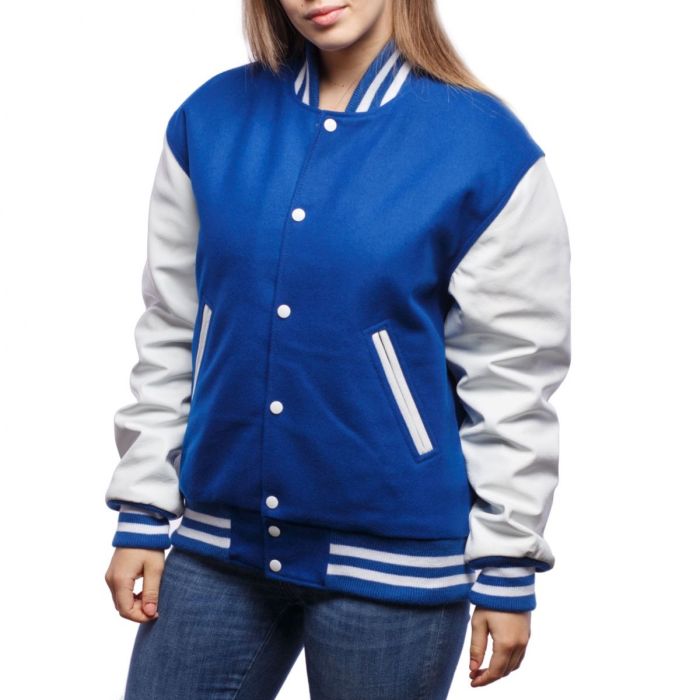 Bright Royal Wool Body & Bright White Leather Sleeves Letterman Jacket