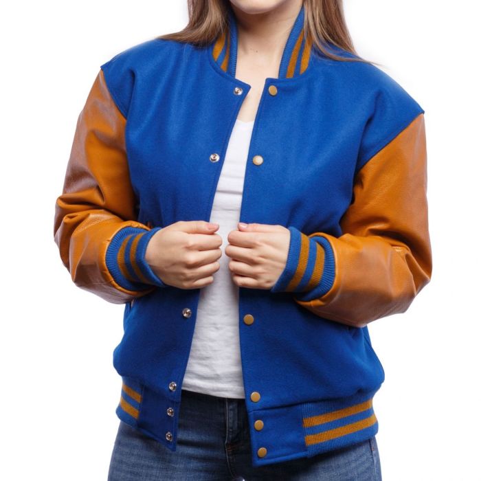Bright Royal Wool Body & Old Gold Leather Sleeves Letterman Jacket