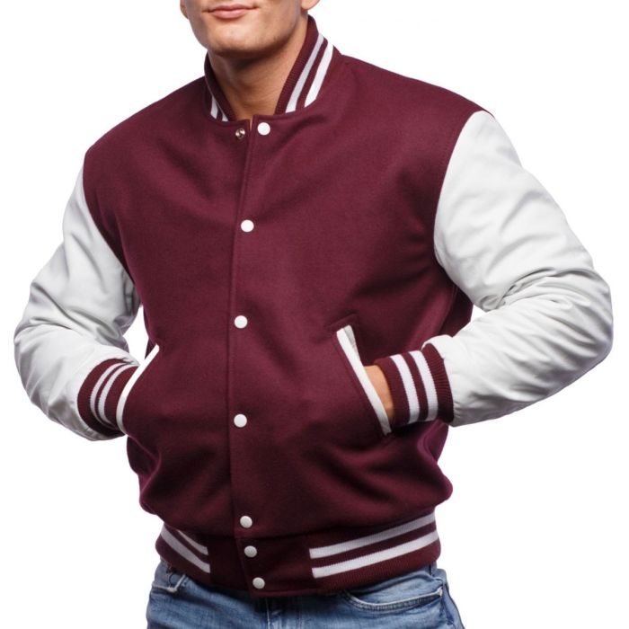 Men Maroon Wool Body & Bright White Leather Sleeves Letterman Jacket