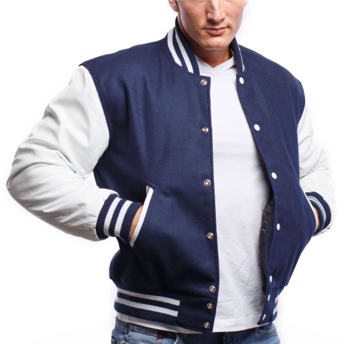 Men Royal Blue Wool Body & Bright White Leather Sleeves Letterman Jacket