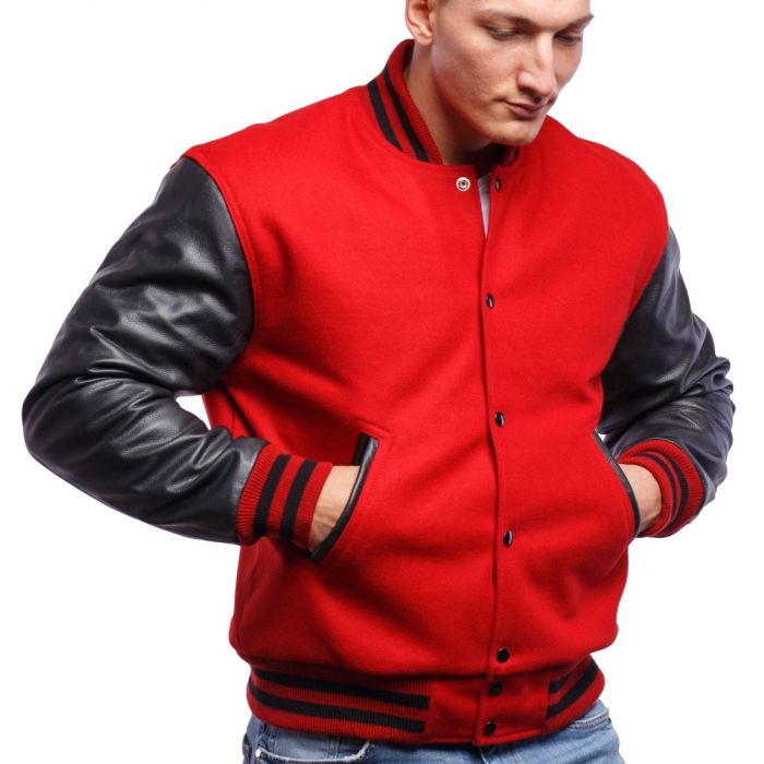Men Scarlet Red Wool Body & Black Leather Sleeves Letterman Jacket