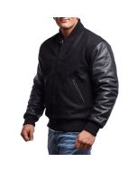 Black Wool Body & Black Leather Sleeves Letterman Jacket