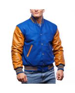 Men Bright Royal Wool Body & Old Gold Leather Sleeves Letterman Jacket