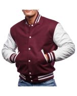 Men Maroon Wool Body & Bright White Leather Sleeves Letterman Jacket