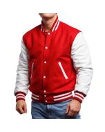 Men Scarlet Wool Body & Bright White Leather Sleeves Letterman Jacket